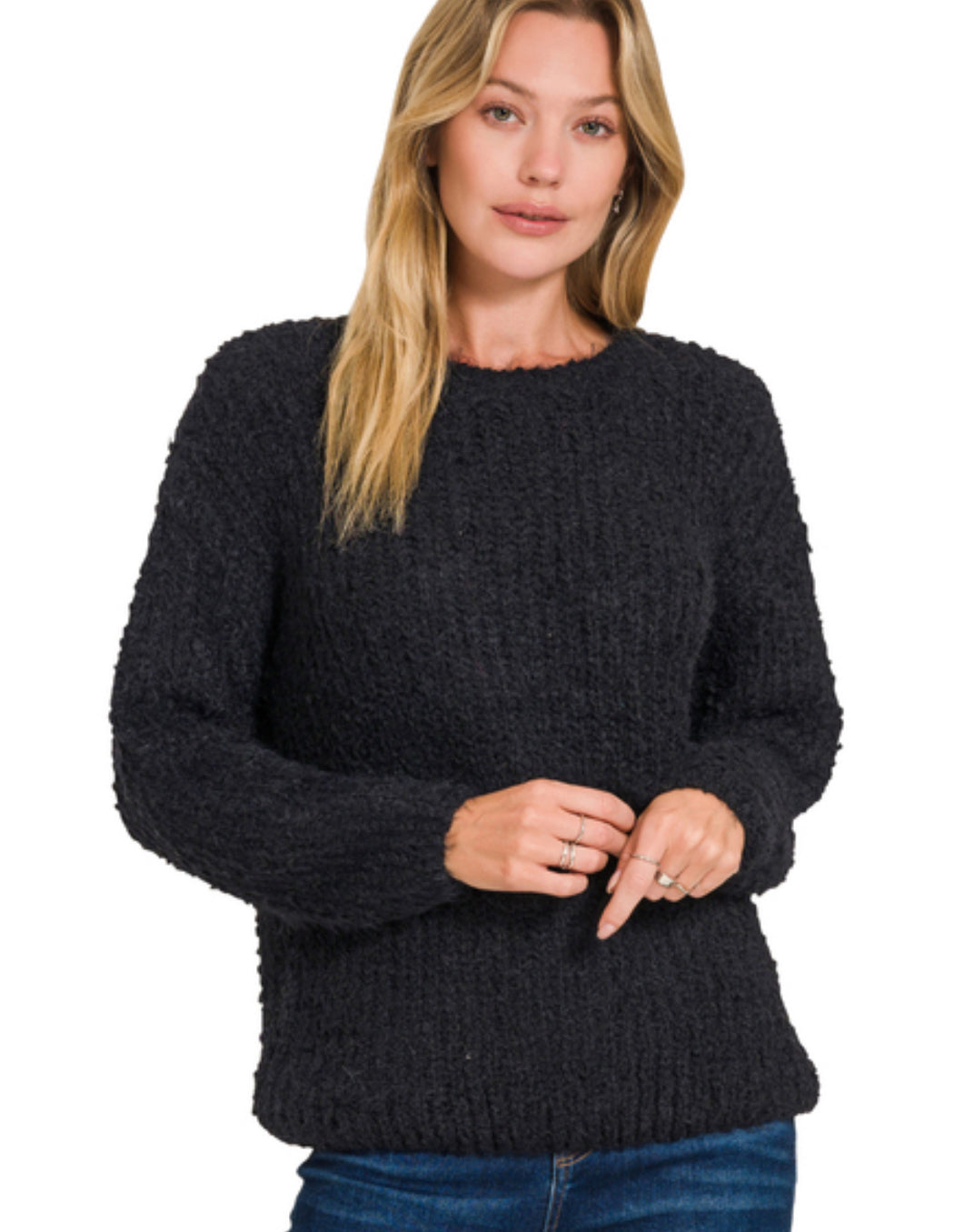 Black -Brushed Round Neck Sweater