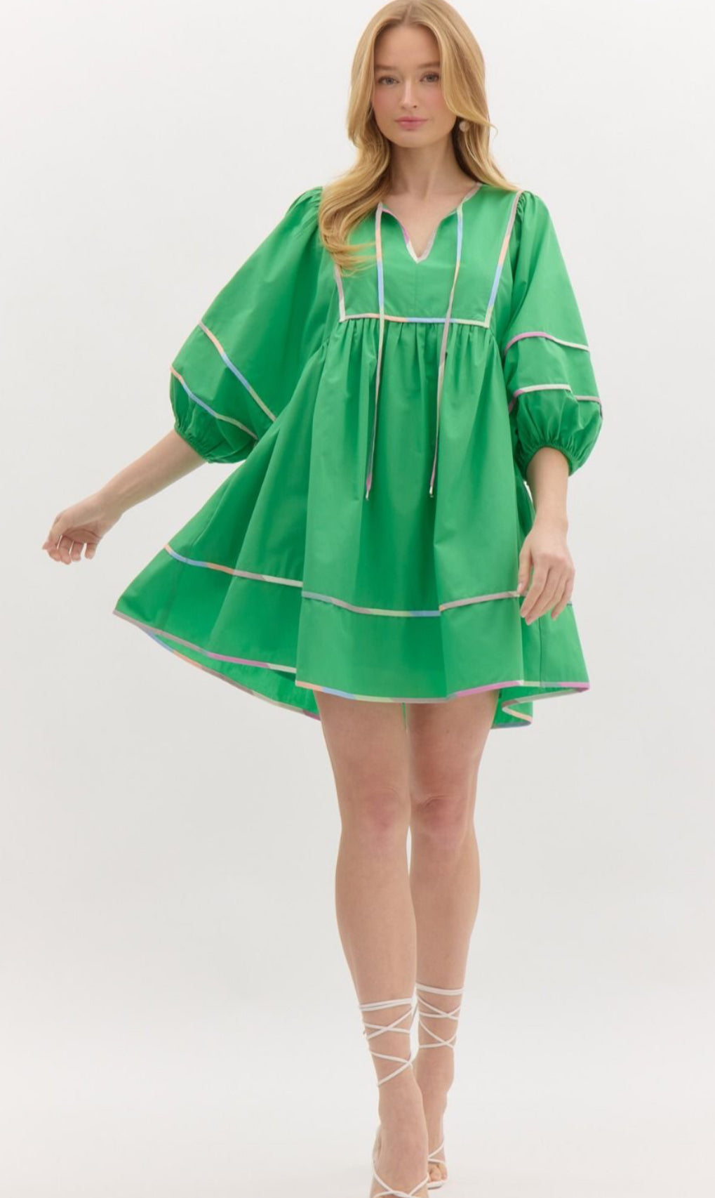 Green Solid Split V-Neck Mini Dress, Accented Multicolor Binding Over Seems. Pockets.