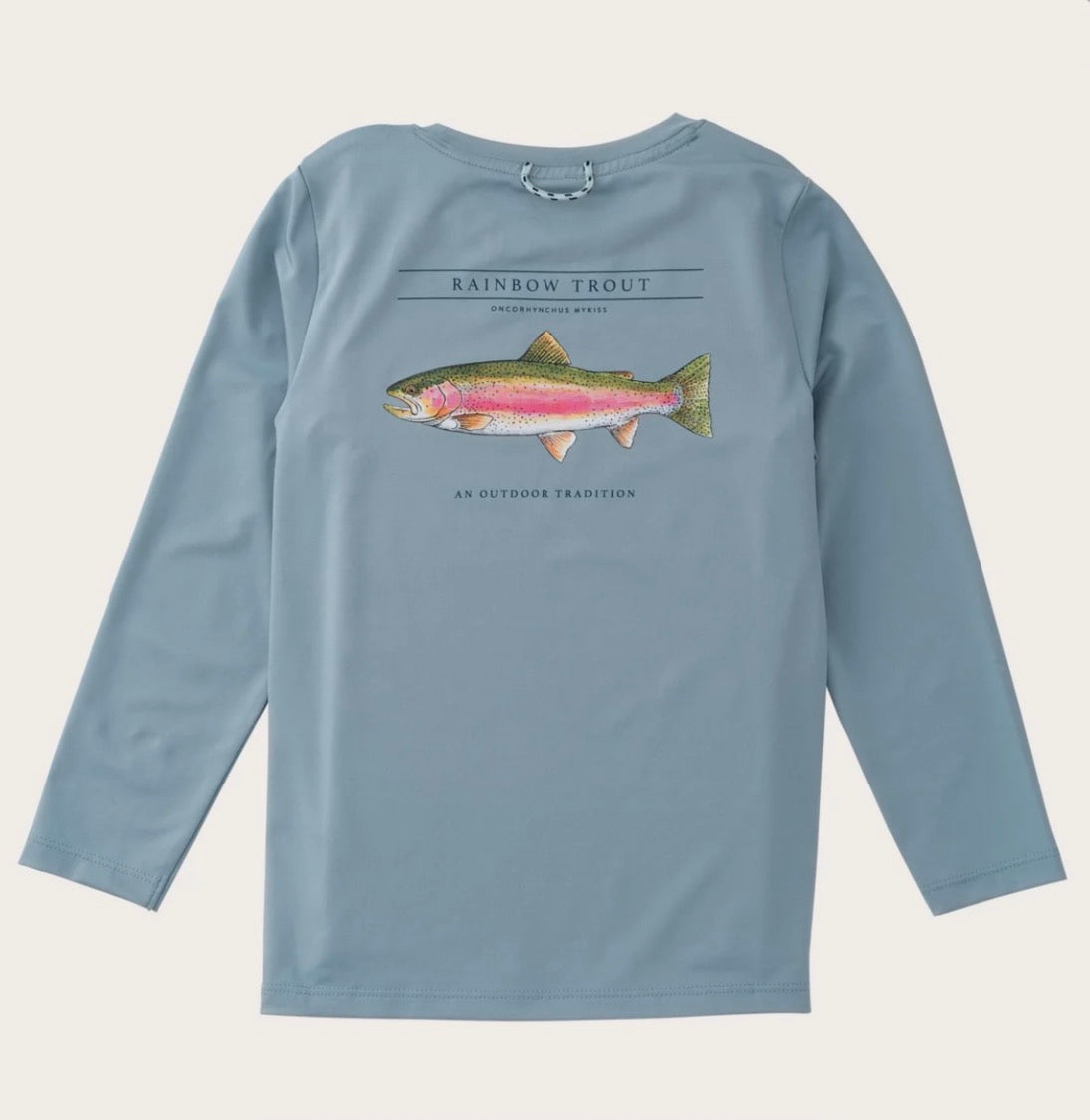 Boys' Pro Performance Long Sleeve T-shirt in Arona Blue with Rainbow Trout Art
