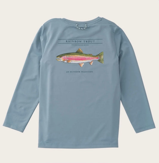 Boys' Pro Performance Long Sleeve T-shirt in Arona Blue with Rainbow Trout Art