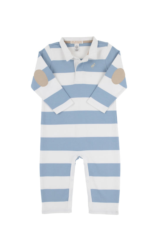 Sir Proper’s Rugby Romper-Large Barrington Blue Stripe/Keeneland Khaki/Worth Ave White