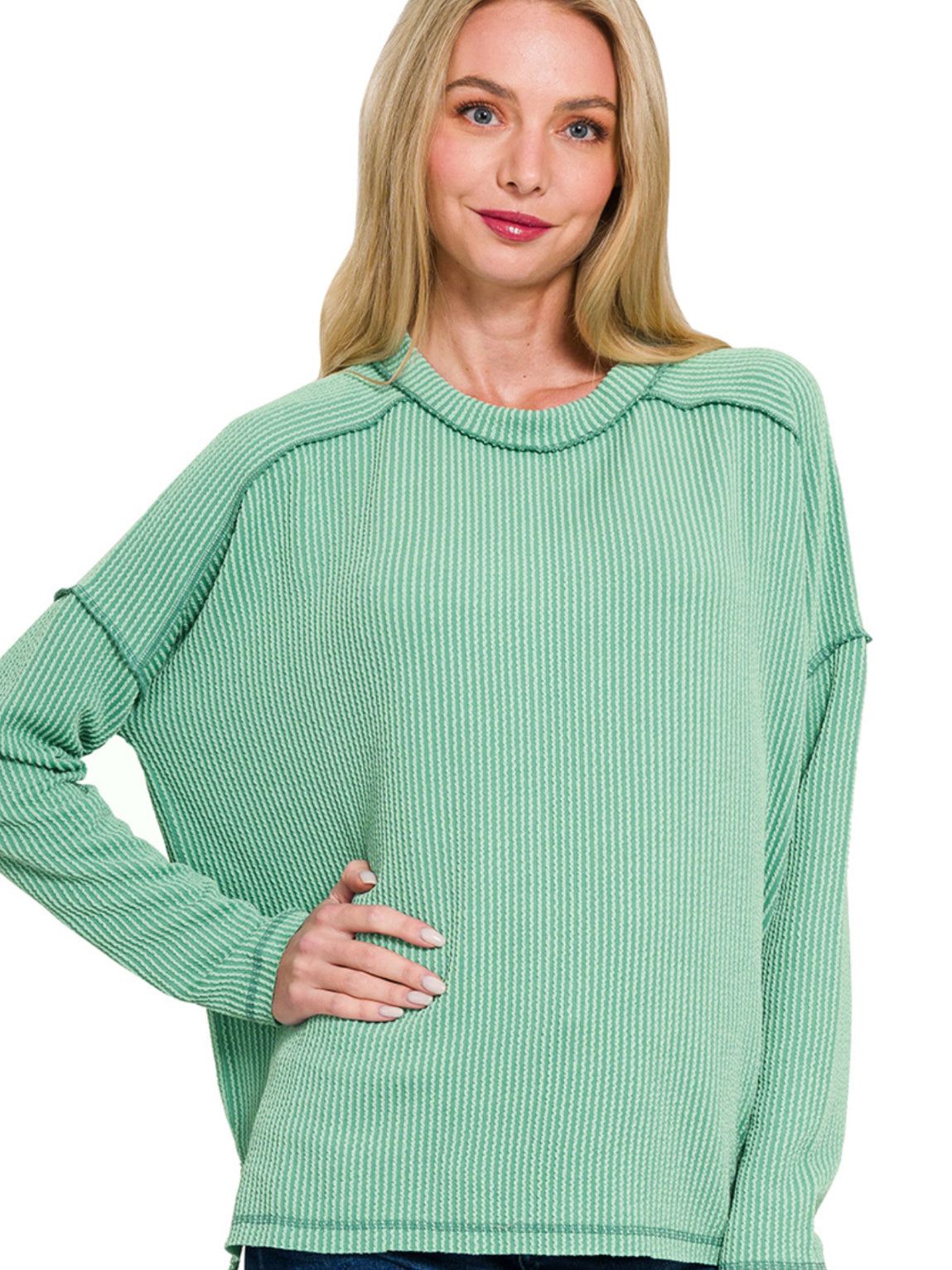 Light Jade- Raised Rib Raw Edge Boat
Neck Long Sleeve Top