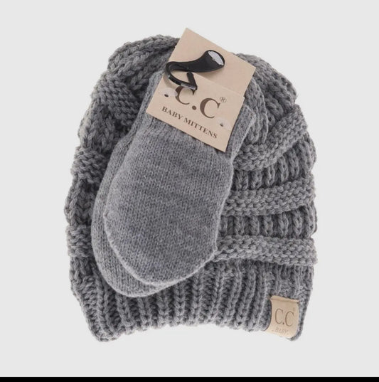 Baby Solid CC Beanie with Mitten Set - Light Grey