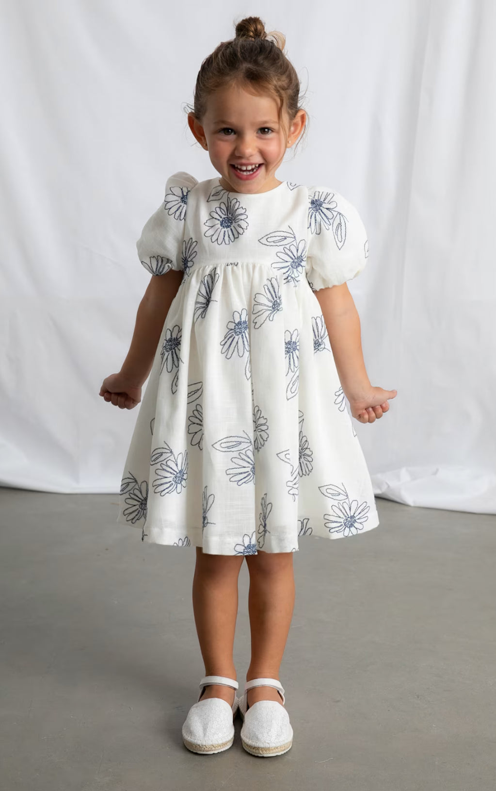 Girl Puff Sleeve Dress-Navy Embroidered Flowers