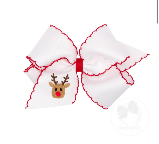 Medium Grosgrain Hair bow with Moonstitch Edge and Reindeer Holiday-themed Embroidery