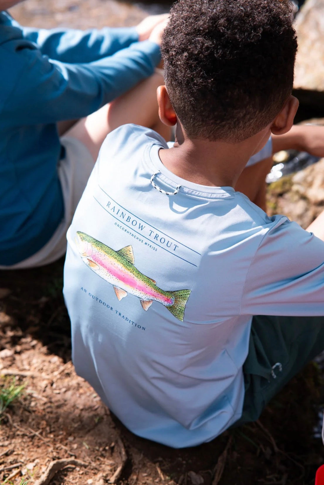 Boys' Pro Performance Long Sleeve T-shirt in Arona Blue with Rainbow Trout Art