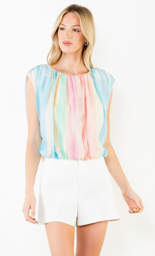 Aqua-Pleated Multicolor Chiffon Top