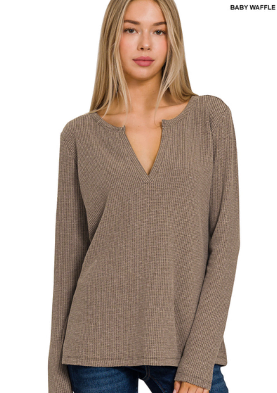 Brown- Melange Baby Waffle V-Neck Long Sleeve Top