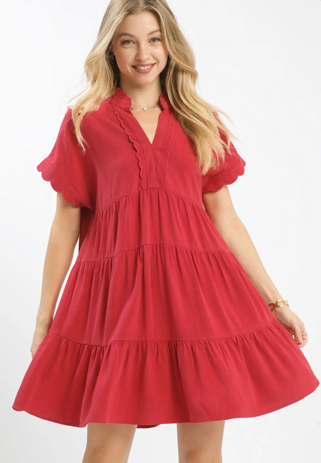 Raspberry - Linen Mini Dress with Scallop Trim