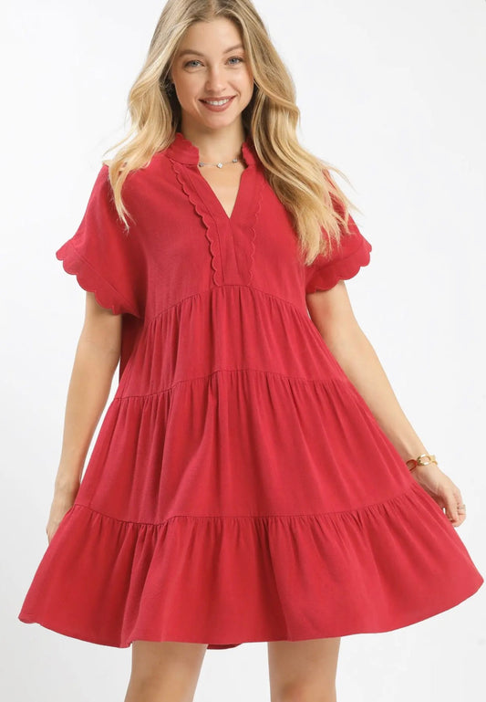 Raspberry - Linen Mini Dress with Scallop Trim