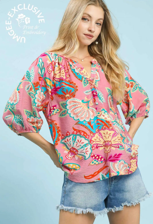 Pink Mix- Paisley Print V-neck Top