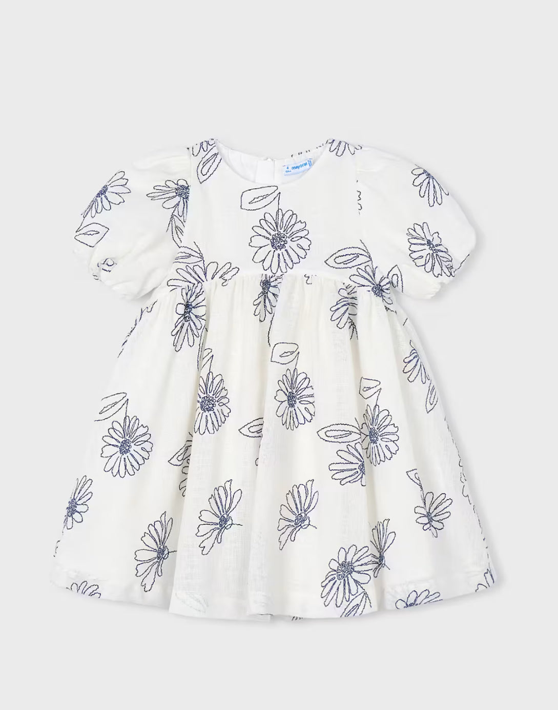 Girl Puff Sleeve Dress-Navy Embroidered Flowers