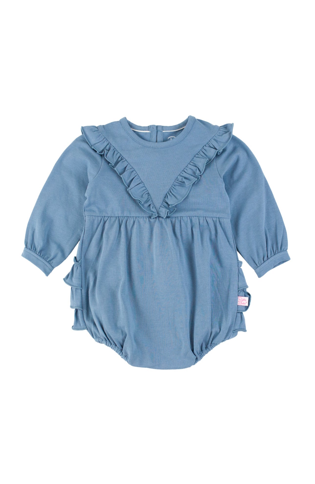 Knit Long Sleeve V-Ruffle Bubble Romper- Countryside Blue