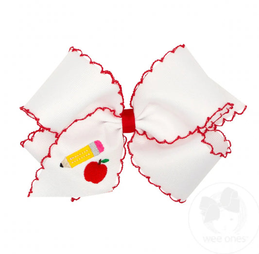 King Grosgrain Hair Bow with Moonstitch Edge and School-themed Embroidery