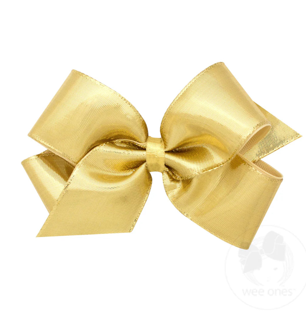 Medium Gold Metallic Overlay Girls Hair Bow, 5” x 3”