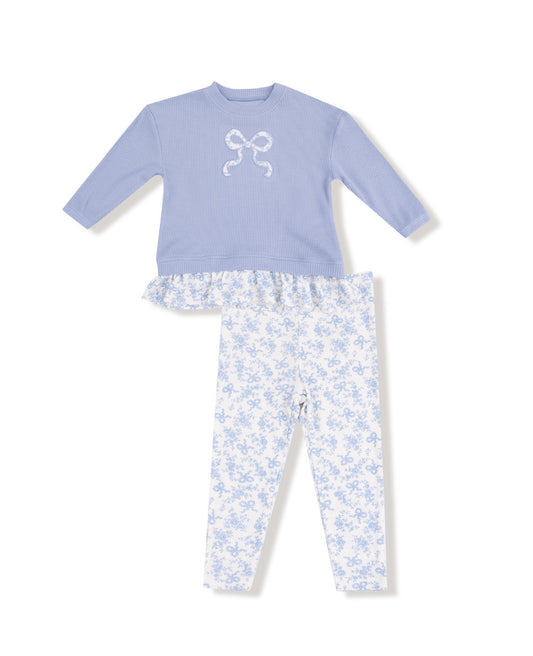 Romi Floral- Waffle Pullover with Ruffle and Ribbed Bow Appliqué with Ribbed Legging