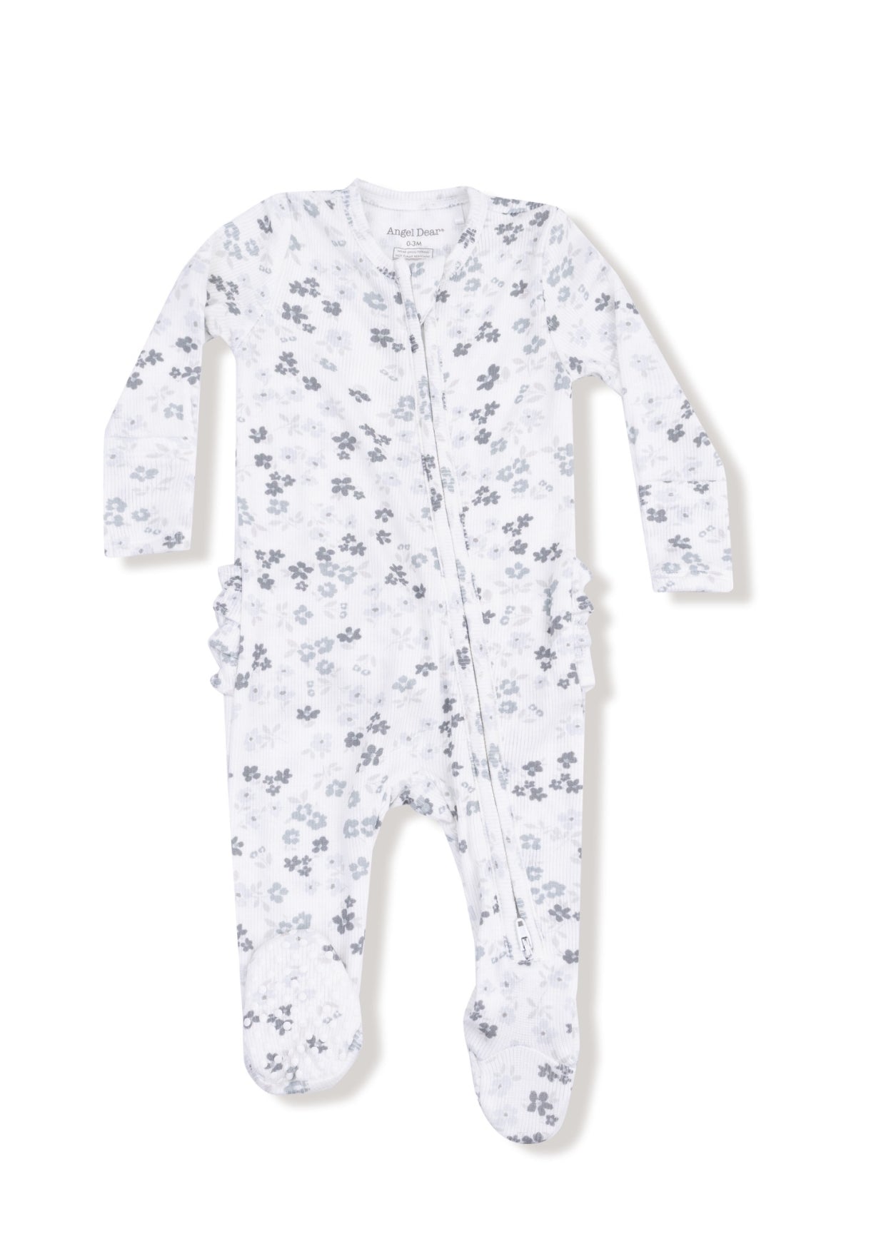 Caroline’s Calico-2 Way Zipper Ruffle Back Footie- white/light blue