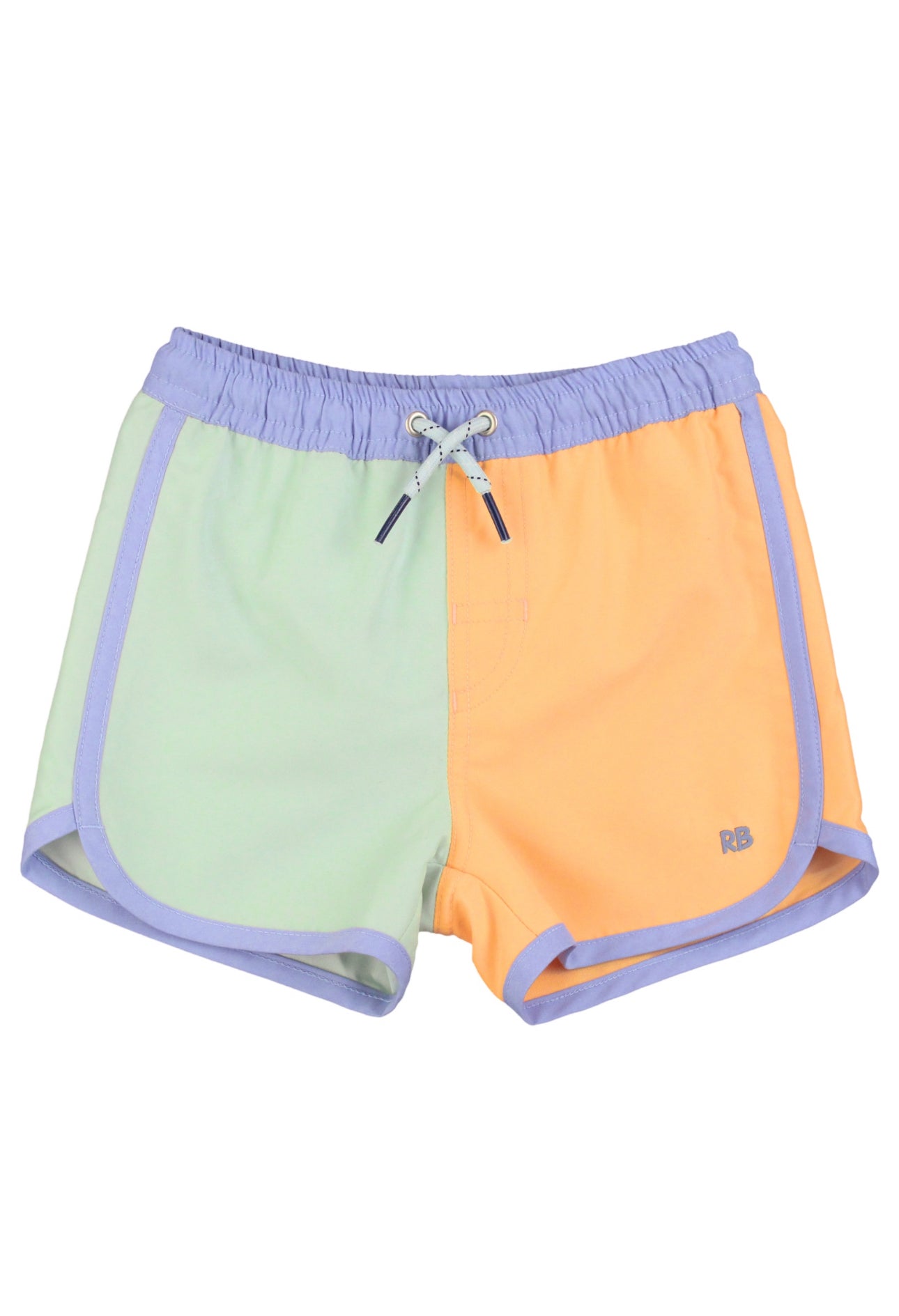 Dolphin Hem Swim Trunks-Periwinkle, Frost Green, and Ginger Color Block