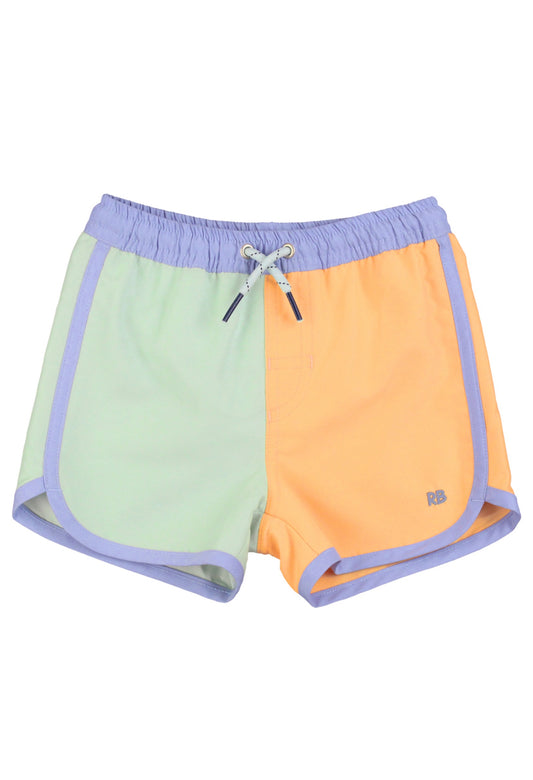 Dolphin Hem Swim Trunks-Periwinkle, Frost Green, and Ginger Color Block