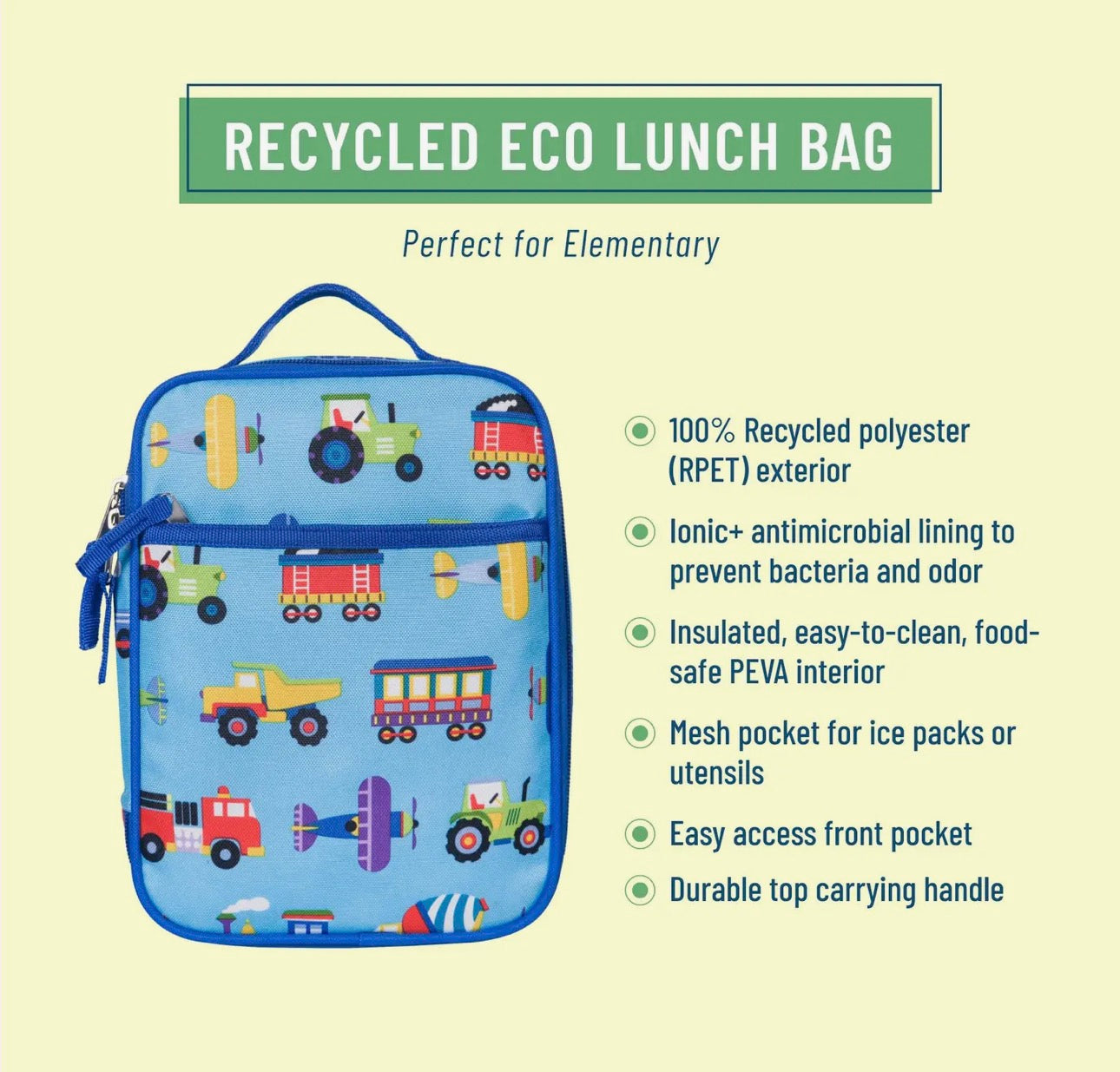 Trains, Planes, and Trucks Recycled Eco Lunch Bag