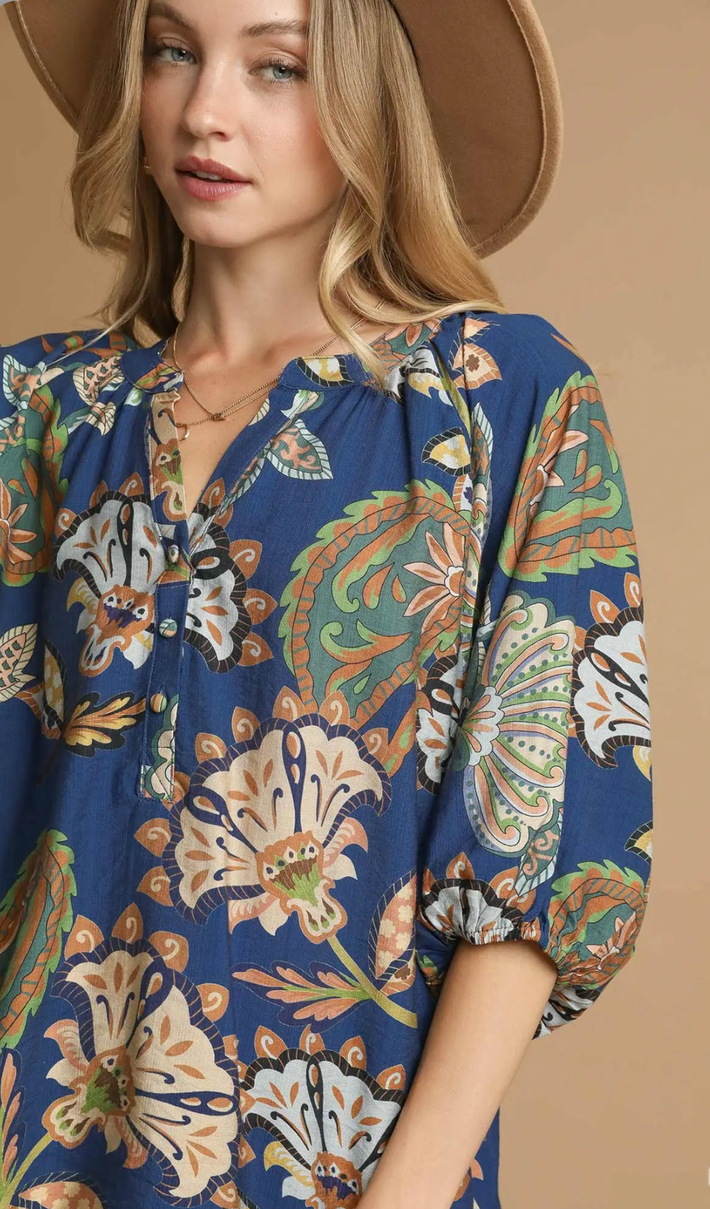 Navy- Boho Paisley Puff Sleeve Blouse