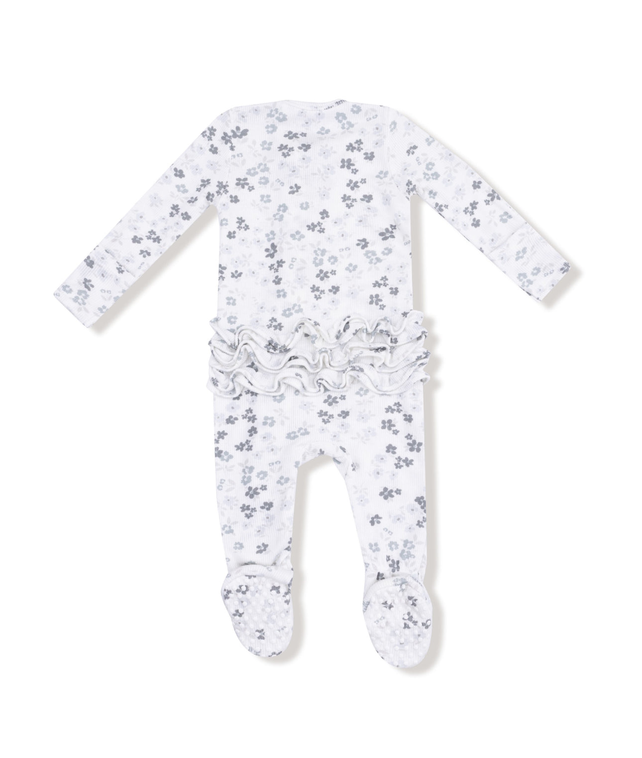 Caroline’s Calico-2 Way Zipper Ruffle Back Footie- white/light blue