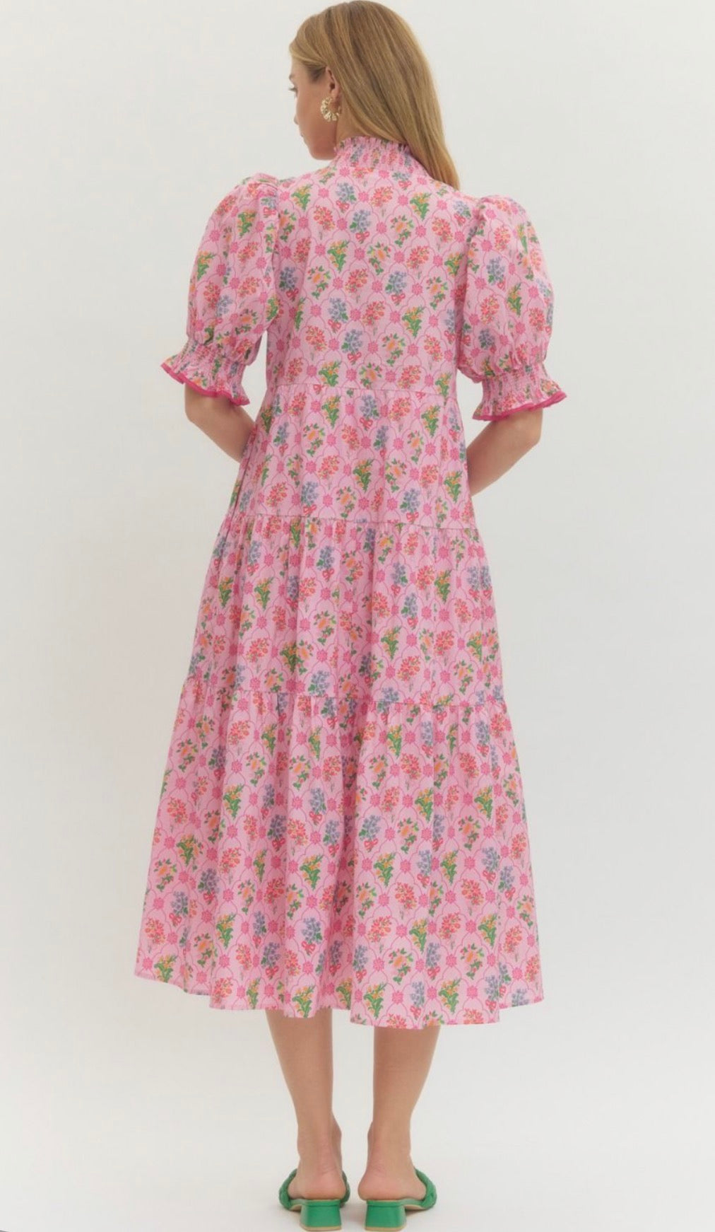 Pink Floral print puff sleeve midi dress