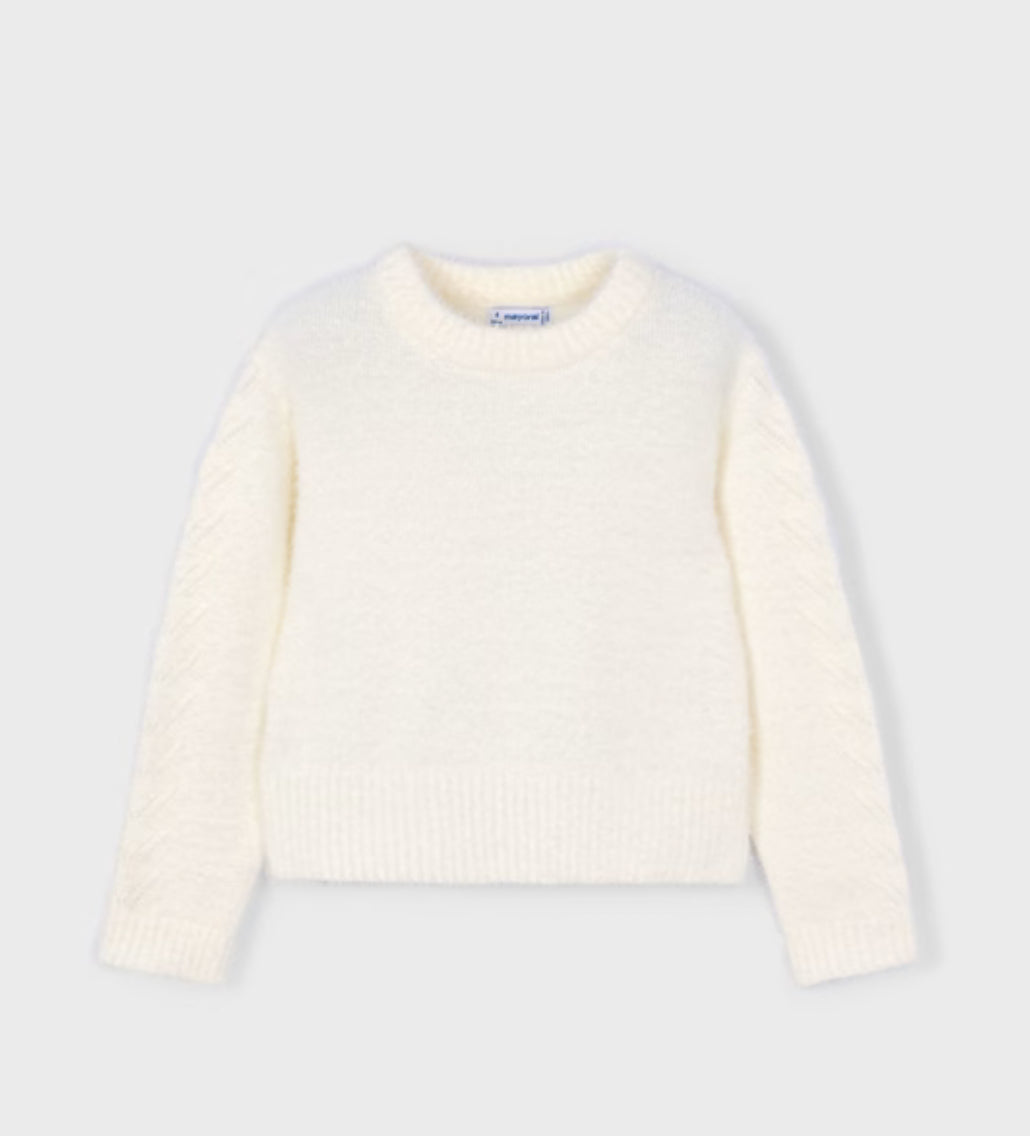 Girl Faux Fur Knit Sweater-Ecru