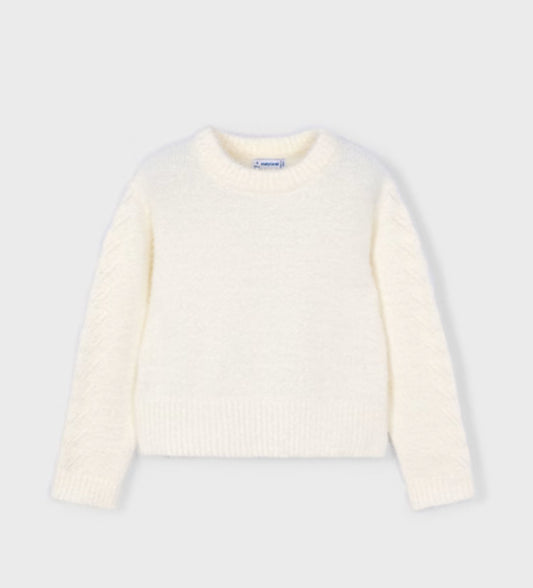 Girl Faux Fur Knit Sweater-Ecru