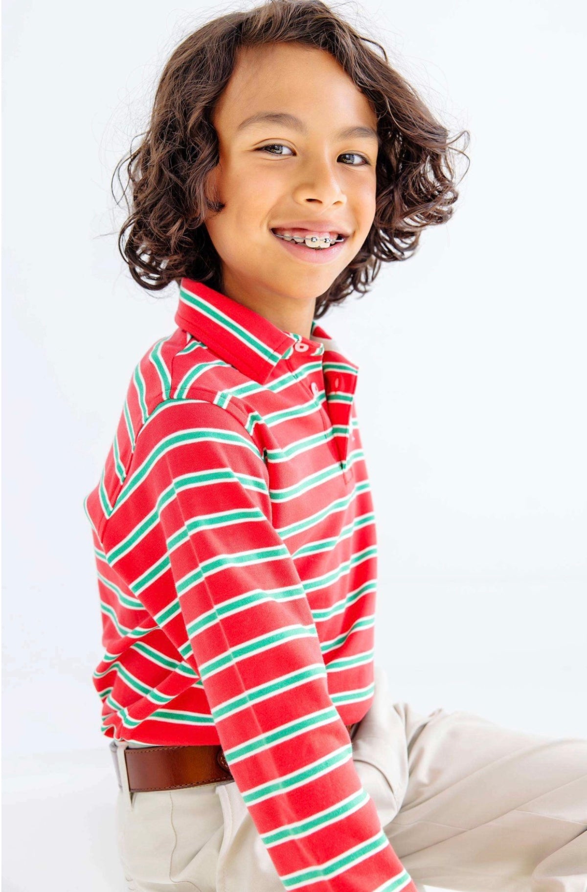 Prim and Proper Polo LS -Pima- Richmond Red Kiawah Kelly Green and Palmetto Pearl Stripe/Palmetto Pearl