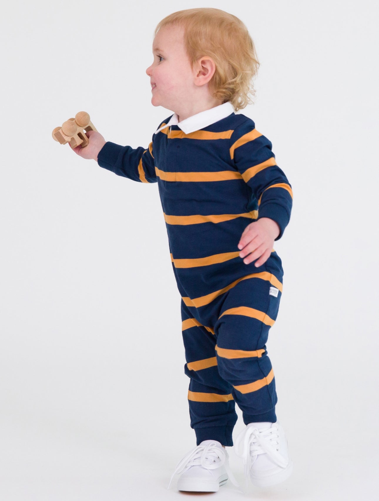 Rugby Polo Romper-Navy and Honey Wide Stripe