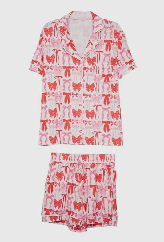 Coquette Bows Christmas Short Set - Pink & Red