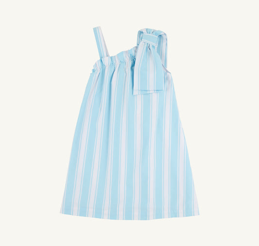 Maebelle Bow Dress Woven Dyed- Belhaven Blue Ticking Stripe