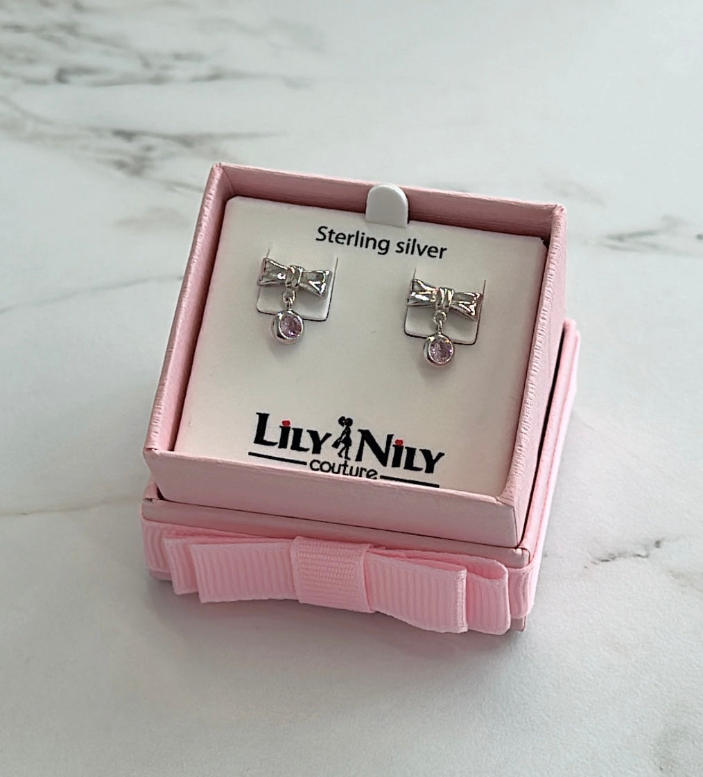 sterling silver bow cz dangle earrings