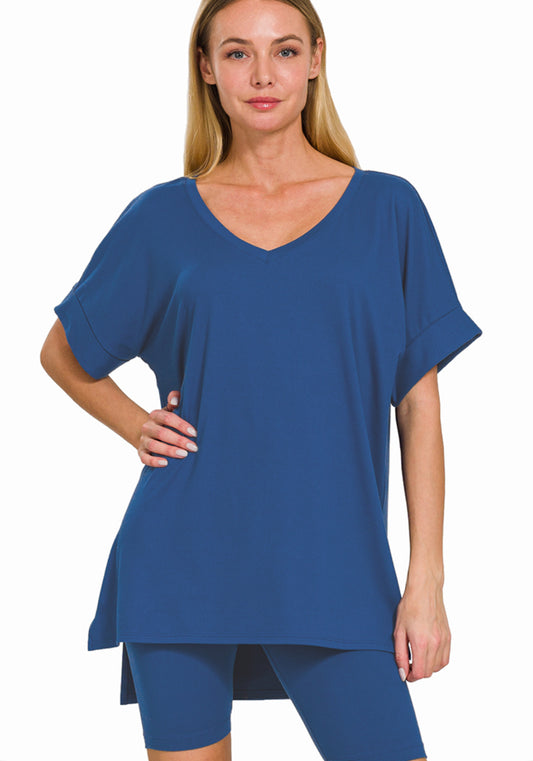 Lt Navy-V-NECK TOP & BIKER SHORTS
