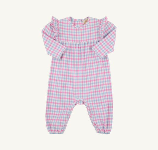 Leigh Ann Angel Sleeve Romper-Barrington Blue and Hamptons Hot Pink Gingham