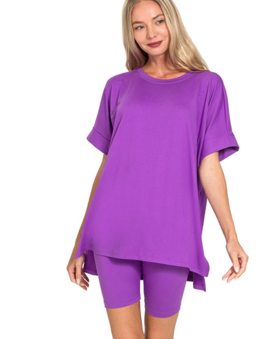 Violet- BRUSHED DTY MICROFIBER R-NECK TOP & BIKER SHORTS