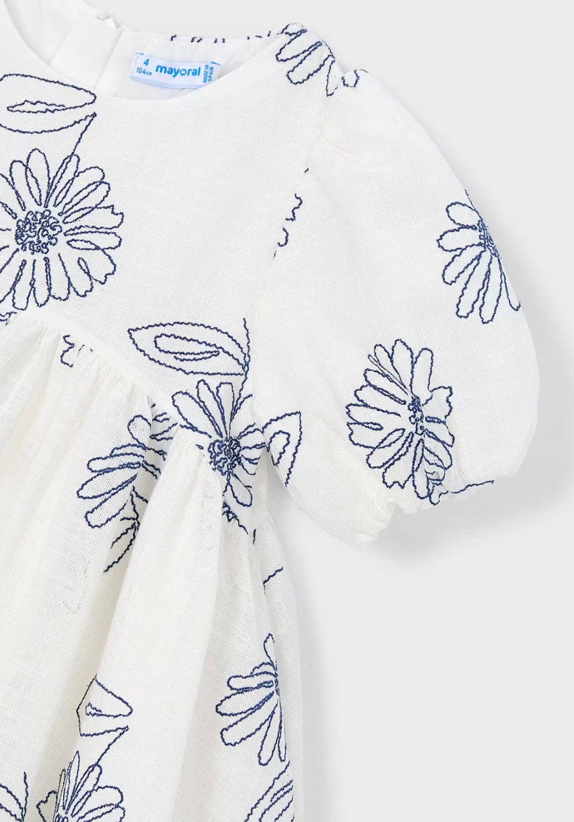 Girl Puff Sleeve Dress-Navy Embroidered Flowers