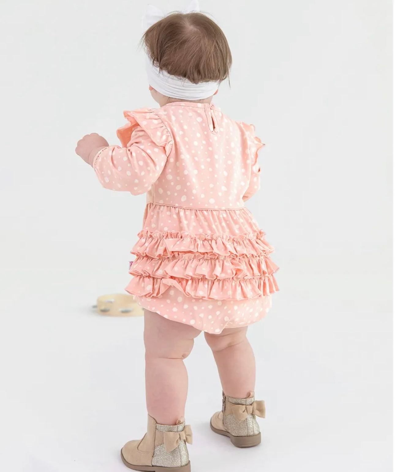 Pink Fawn Dot Knit Long Sleeve Flutter Bubble Romper