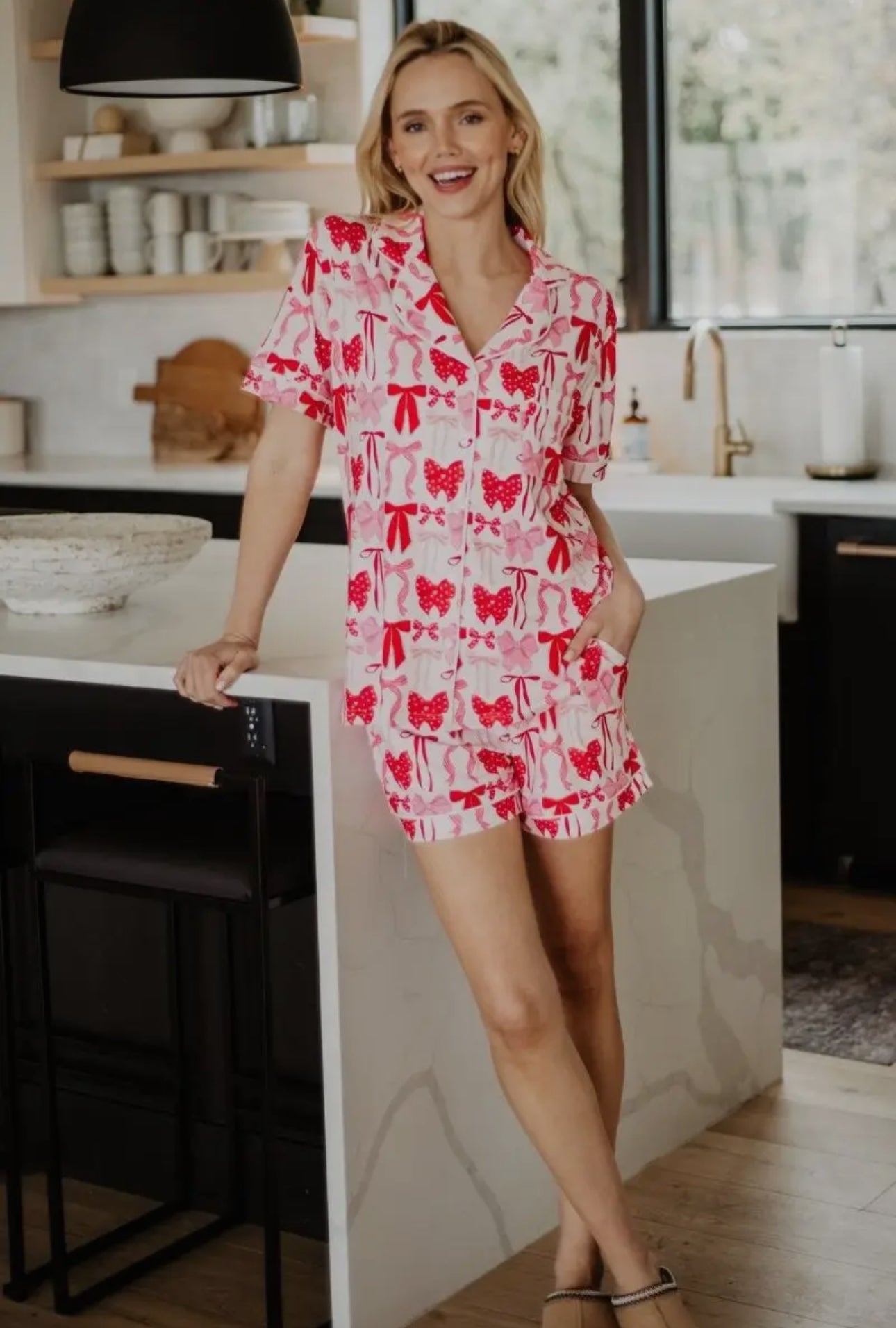 Coquette Bows Christmas Short Set - Pink & Red