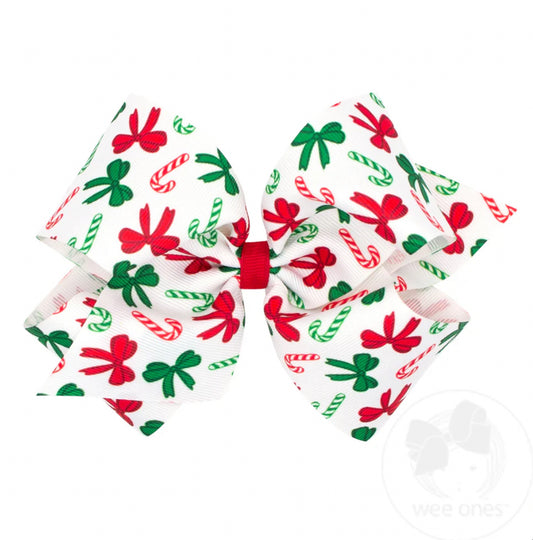 King Christmas Candy Cane Print Grosgrain Hair Bow