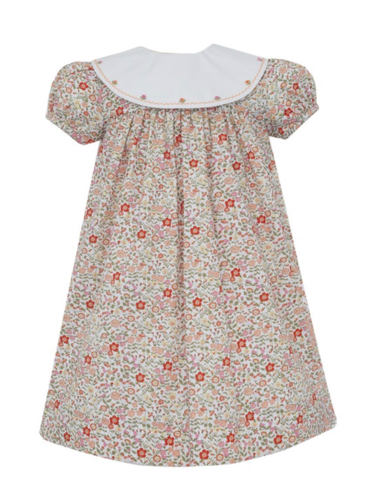 Orange Liberty Print Float Dress w/ Round Collar w/ Embroidery