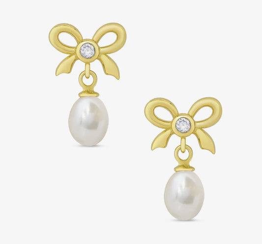CZ Bow and Freshwater Pearl Earrings