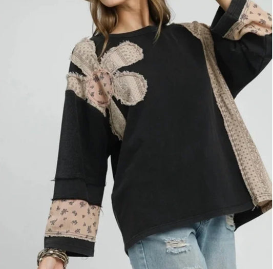 Ash, French Terry Patchwork Sleeve Pullover
