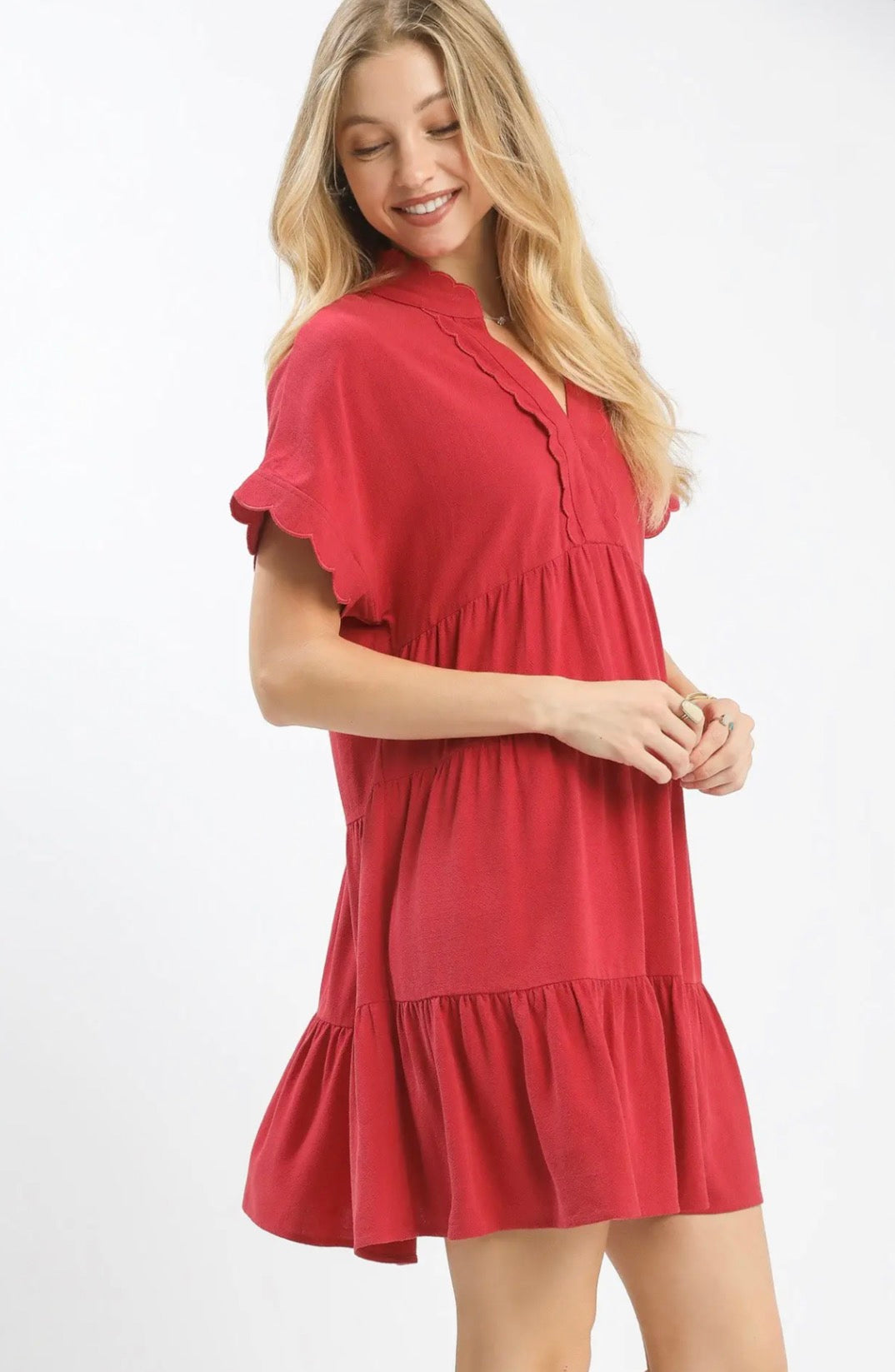 Raspberry - Linen Mini Dress with Scallop Trim