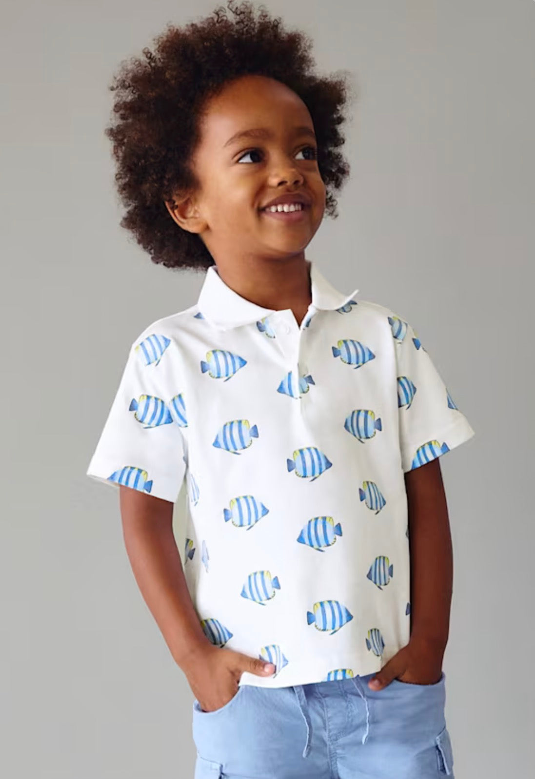 Fish White/Blue Boy Printed Polo Shirt
