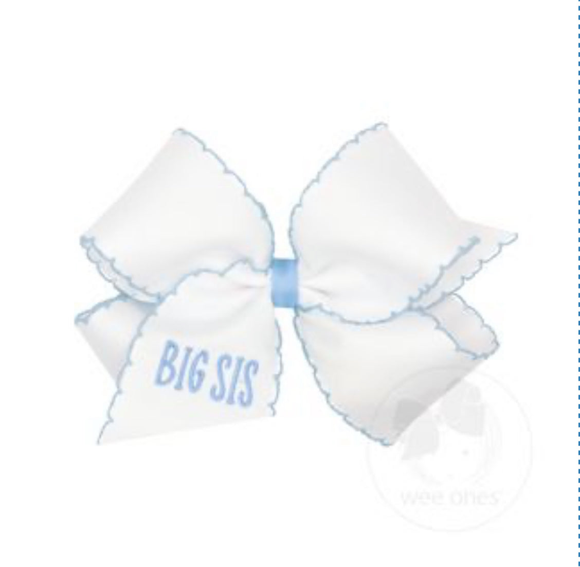 King Grosgrain Hair Bow with Millennium Blue Moonstitch Edge and "BIG SIS" Embroidery