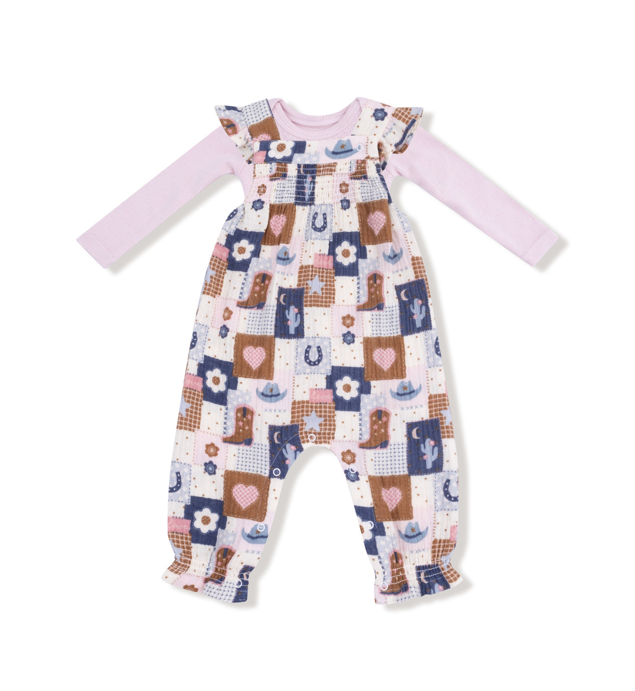 Patchwork Cowgirl- Smocked Overall and Ribbed Bodysuit Set