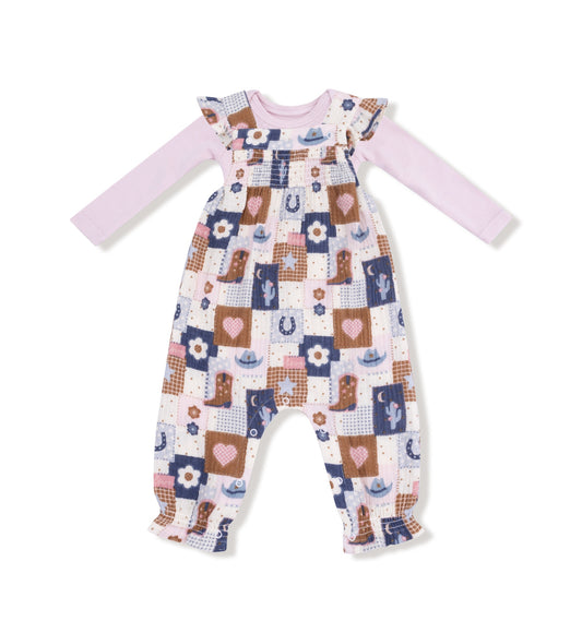 Patchwork Cowgirl- Smocked Overall and Ribbed Bodysuit Set