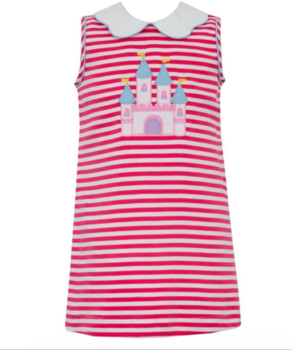 FAIRYTALE CASTLE- Hot Pink Knit Stripe A Line Dress w/ Collar